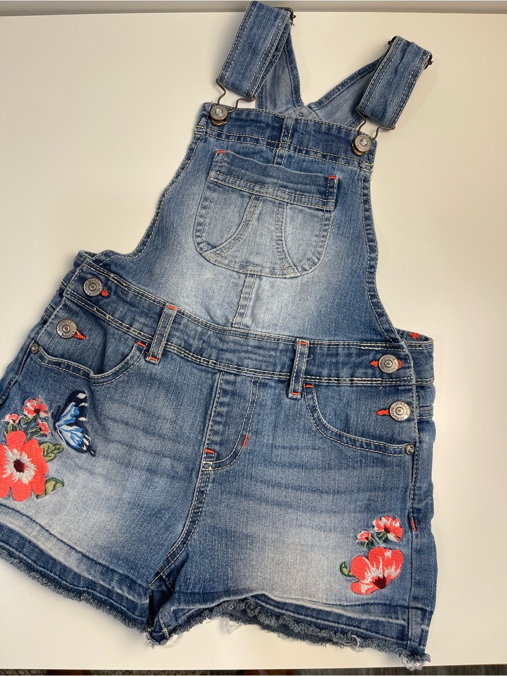 Jordache Denim Blue Girls' Embroidered Short Overalls with Floral Accents 7/8